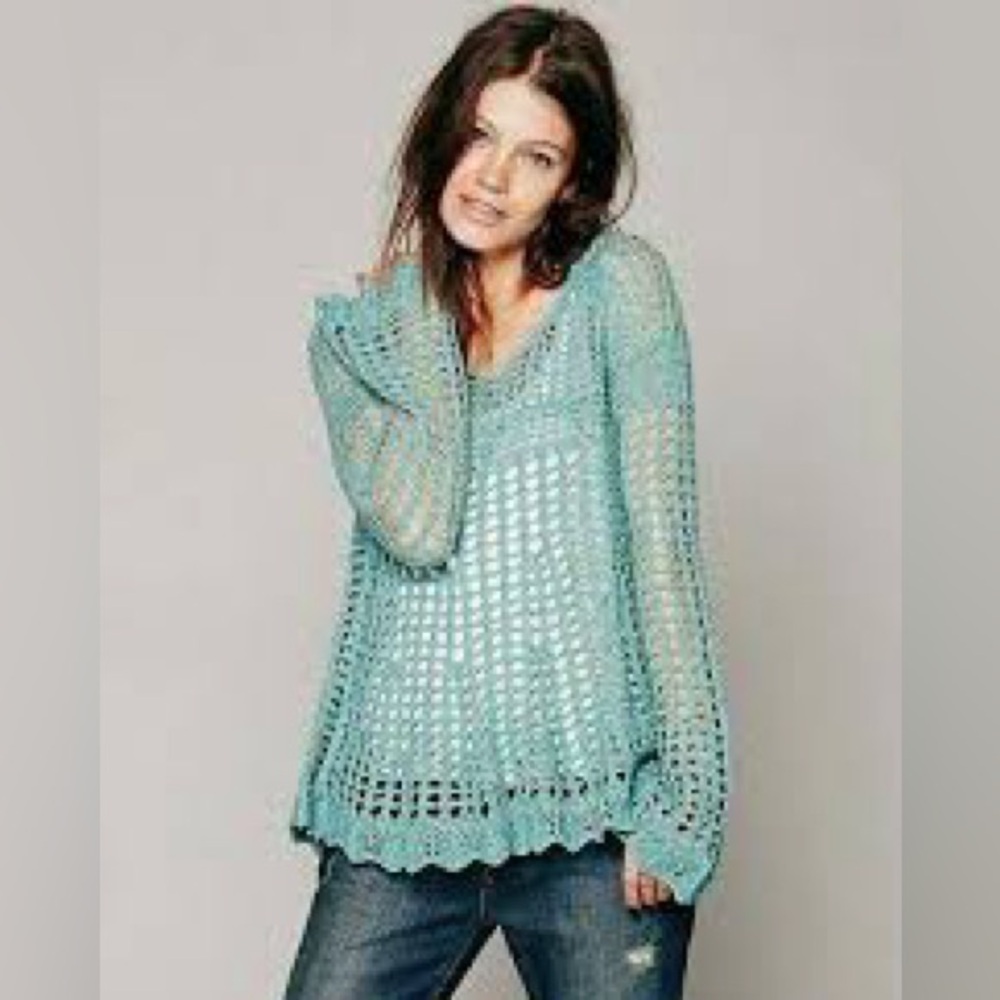 Free People Teal Knit Crochet Top